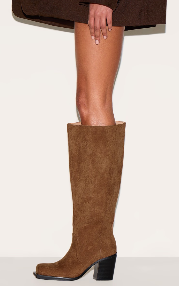 Tan Faux Suede Square Toe High Block Heel Knee High Boots