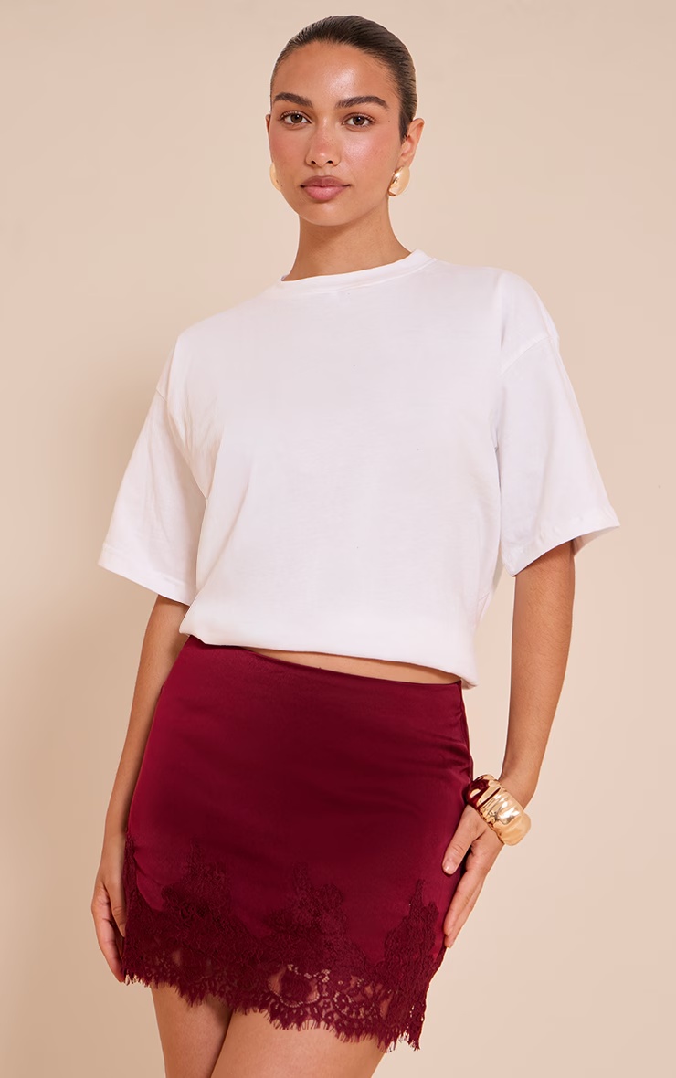 Wine Satin Lace Trim Mini Skirt 4 Wine Satin Lace Trim Mini Skirt