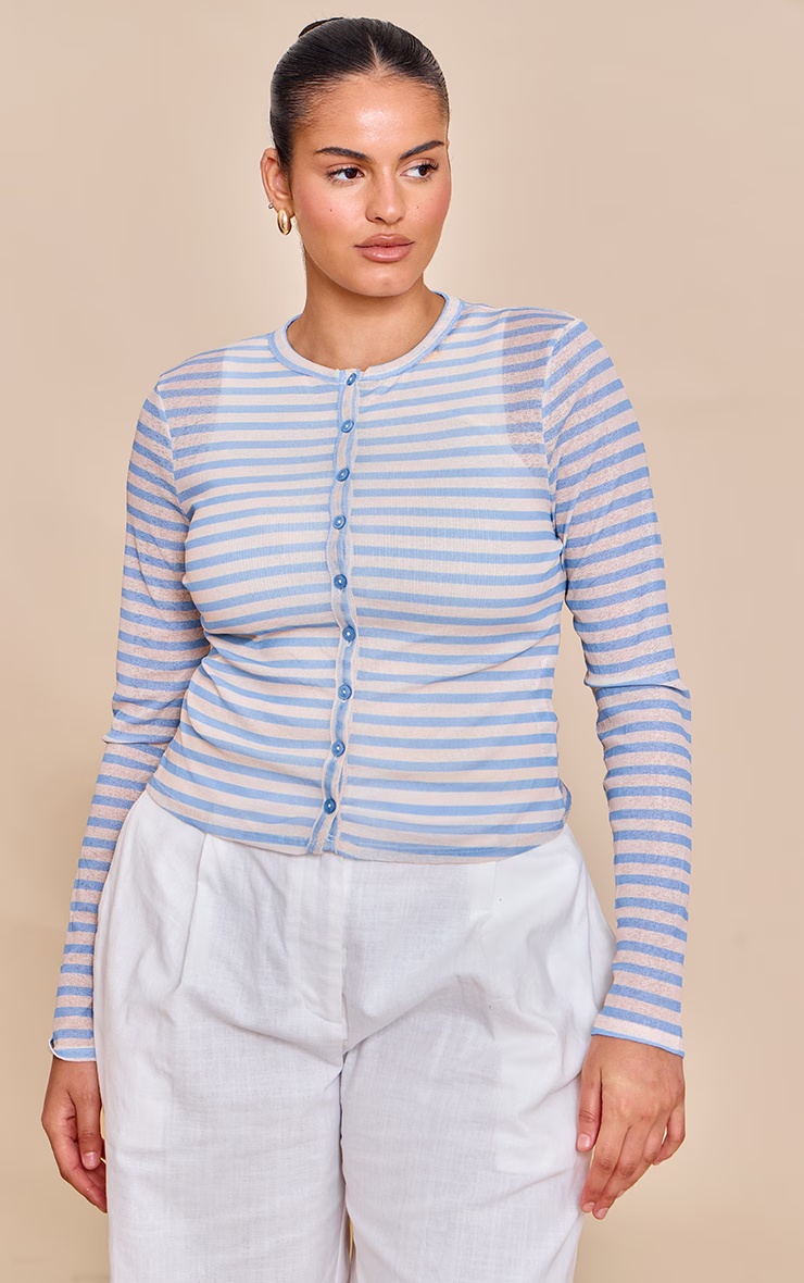 Plus Sky Blue Striped Sheer Button Up Top 4 Plus Sky Blue Striped Sheer Button Up Top