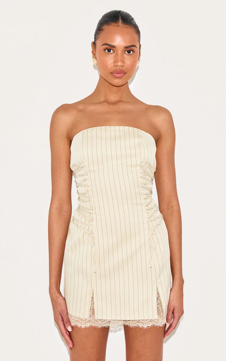 Cream Pinstripe Bandeau Lace Trim Shift Dress 1 Cream Pinstripe Bandeau Lace Trim Shift Dress