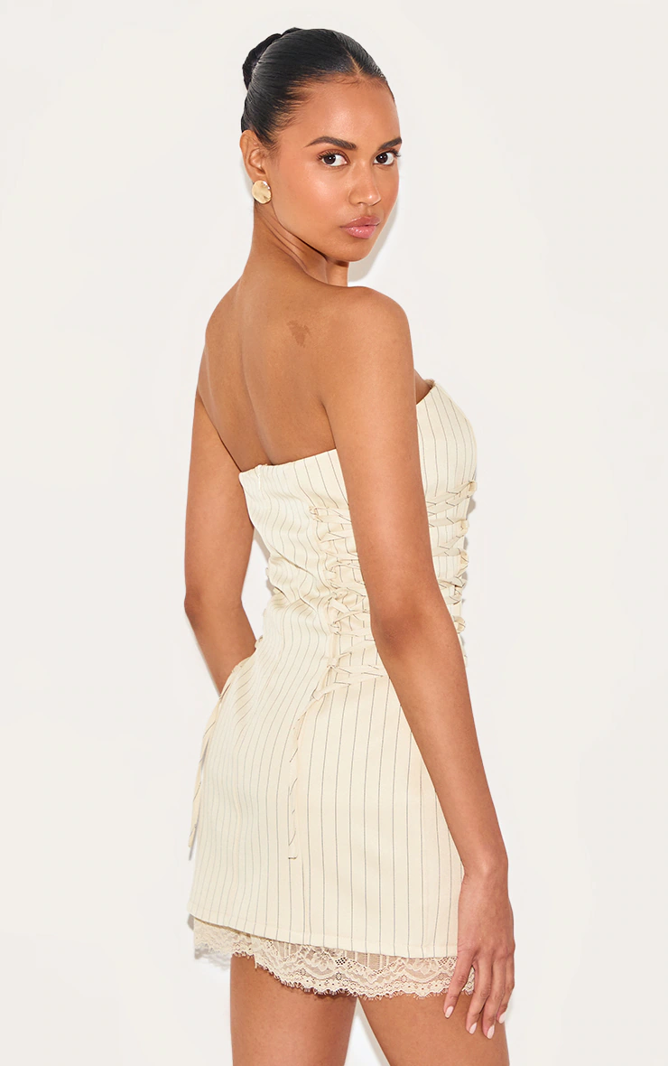 Cream Pinstripe Bandeau Lace Trim Shift Dress 2 Cream Pinstripe Bandeau Lace Trim Shift Dress