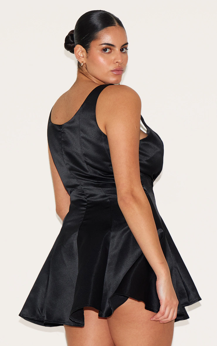 Plus Black Satin Square Neck Pleated Shift Dress 2 Plus Black Satin Square Neck Pleated Shift Dress