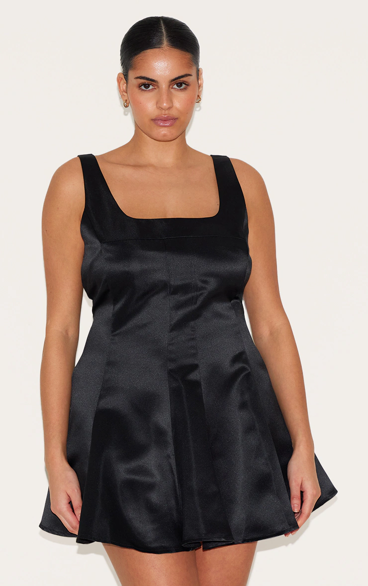 Plus Black Satin Square Neck Pleated Shift Dress 6 Plus Black Satin Square Neck Pleated Shift Dress