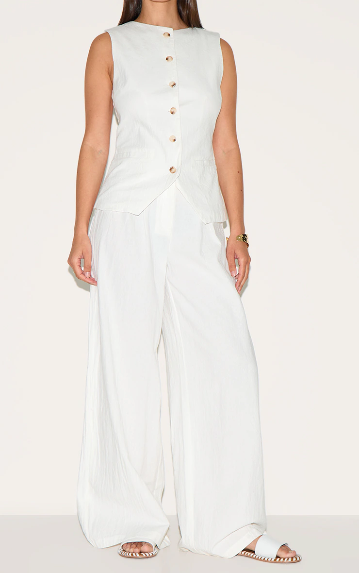 White Linen Look Wide Leg Pleated Trousers 5 White Linen Look Wide Leg Pleated Trousers