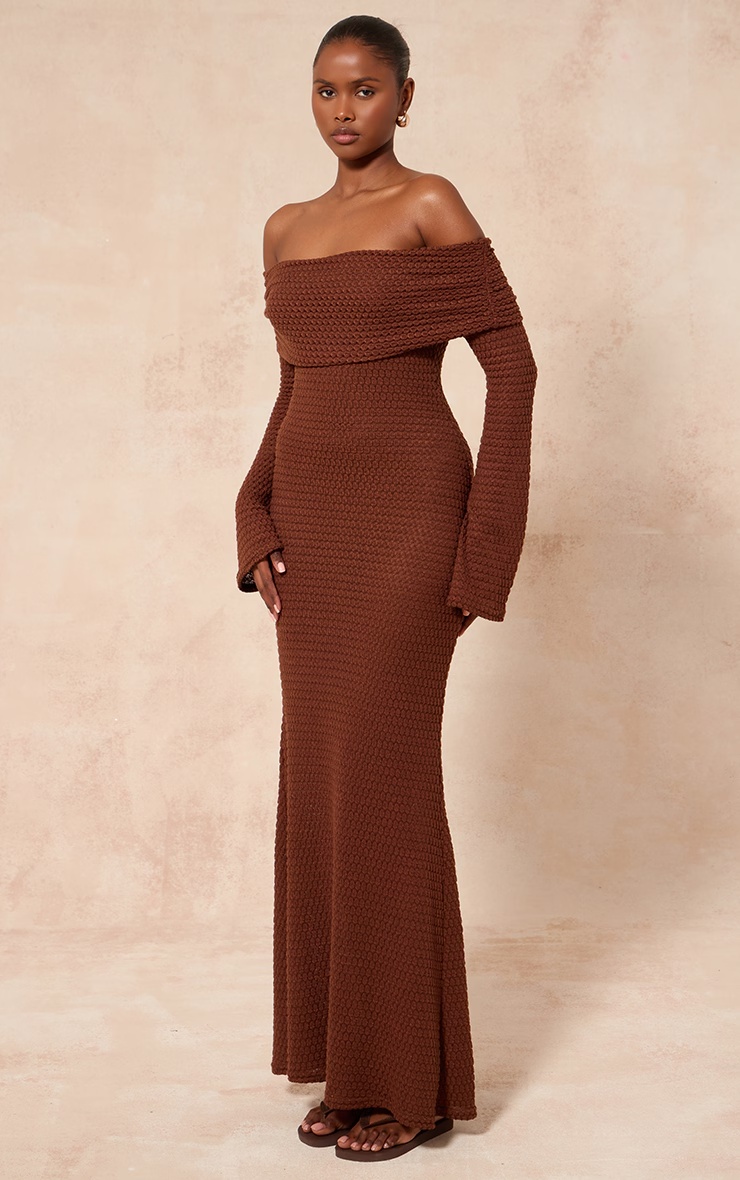 Chocolate Textured Extreme Bardot Long Sleeve Maxi Dress 1 Chocolate Textured Extreme Bardot Long Sleeve Maxi Dress