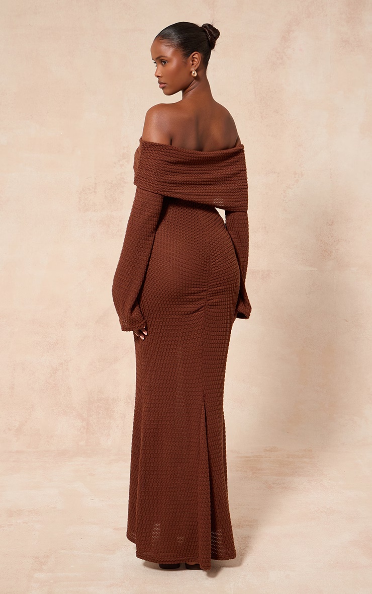 Chocolate Textured Extreme Bardot Long Sleeve Maxi Dress 5 Chocolate Textured Extreme Bardot Long Sleeve Maxi Dress
