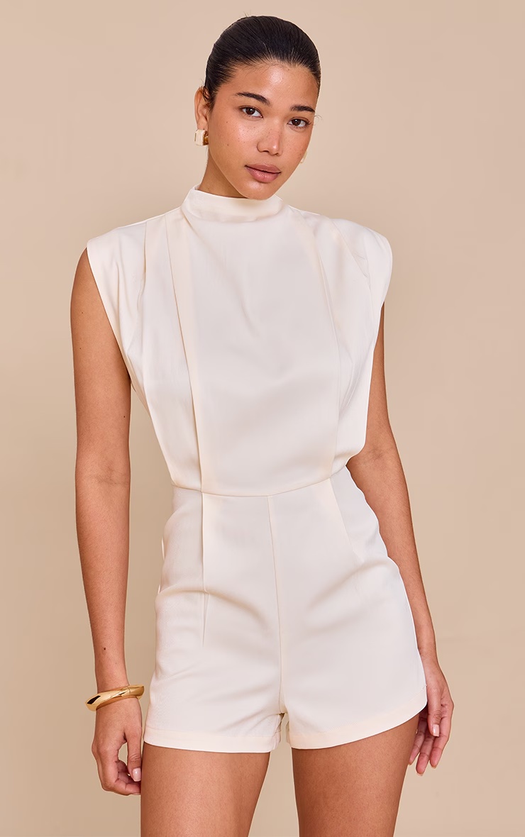 Almond Woven Bagged Over Boat Neck Playsuit 4 Almond Woven Bagged Over Boat Neck Playsuit