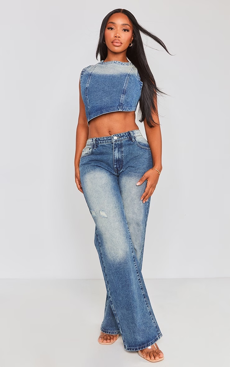 Shape Mid Blue Acid Wash Denim Washed Asymmetric Crop Top 3 Shape Mid Blue Acid Wash Denim Washed Asymmetric Crop Top