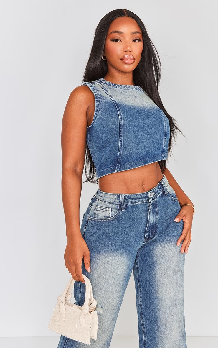 Shape Mid Blue Acid Wash Denim Washed Asymmetric Crop Top 4 Shape Mid Blue Acid Wash Denim Washed Asymmetric Crop Top