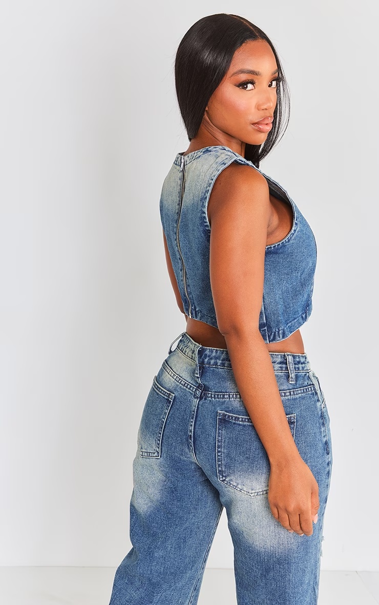 Shape Mid Blue Acid Wash Denim Washed Asymmetric Crop Top 5 Shape Mid Blue Acid Wash Denim Washed Asymmetric Crop Top