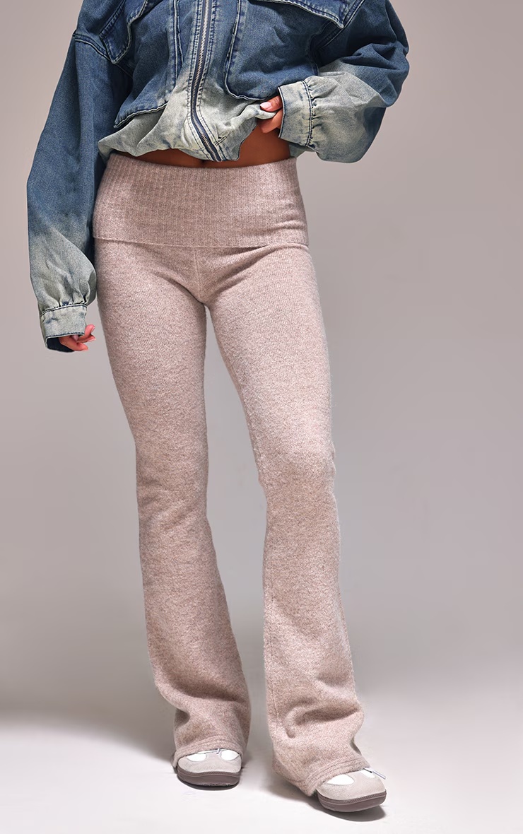 Taupe Melange Soft Knit Foldover Waist Flared Trousers 2 Taupe Melange Soft Knit Foldover Waist Flared Trousers