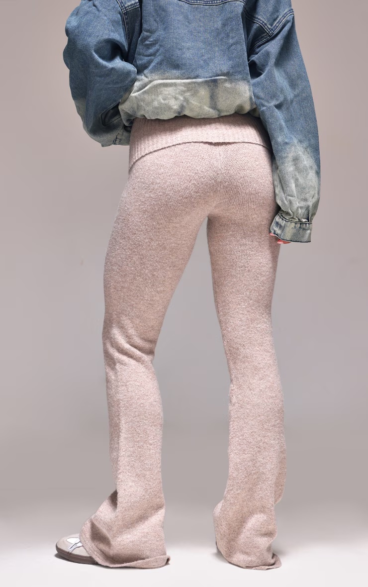 Taupe Melange Soft Knit Foldover Waist Flared Trousers 3 Taupe Melange Soft Knit Foldover Waist Flared Trousers