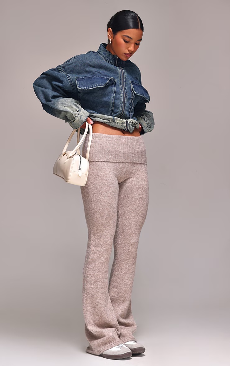 Taupe Melange Soft Knit Foldover Waist Flared Trousers 4 Taupe Melange Soft Knit Foldover Waist Flared Trousers