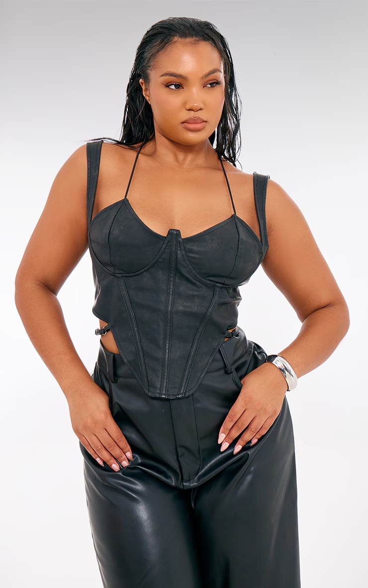 Plus Black Washed Faux Leather Cross Halterneck Dip Hem Corset 1 Plus Black Washed Faux Leather Cross Halterneck Dip Hem Corset