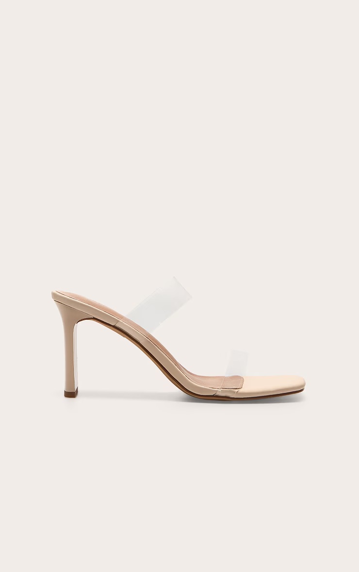 Nude Pu Square Toe Perspex Straps High Thin Block Heeled Mules 2 Nude Pu Square Toe Perspex Straps High Thin Block Heeled Mules