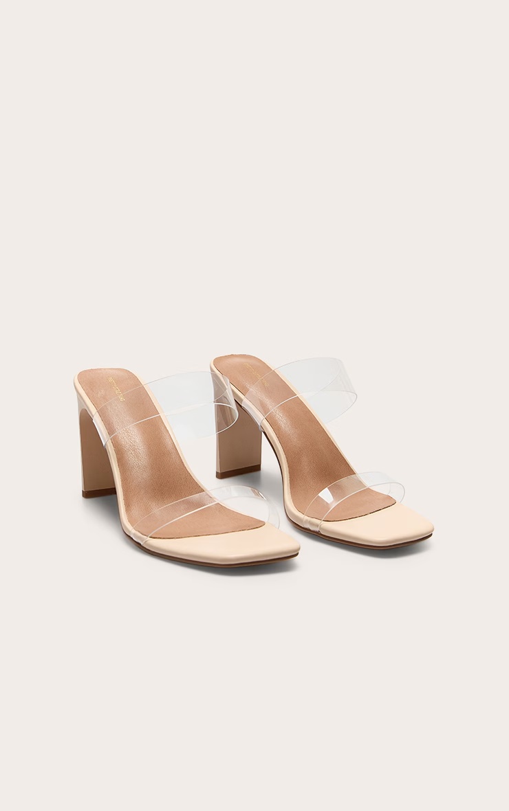 Nude Pu Square Toe Perspex Straps High Thin Block Heeled Mules 3 Nude Pu Square Toe Perspex Straps High Thin Block Heeled Mules