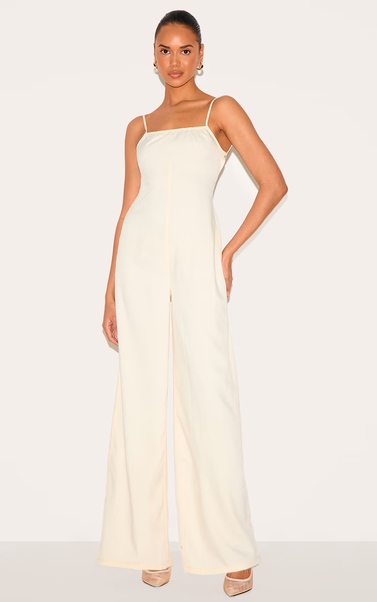 Cream Woven Backless Square Neck Wide Leg Jumpsuit 1 Cream Woven Backless Square Neck Wide Leg Jumpsuit