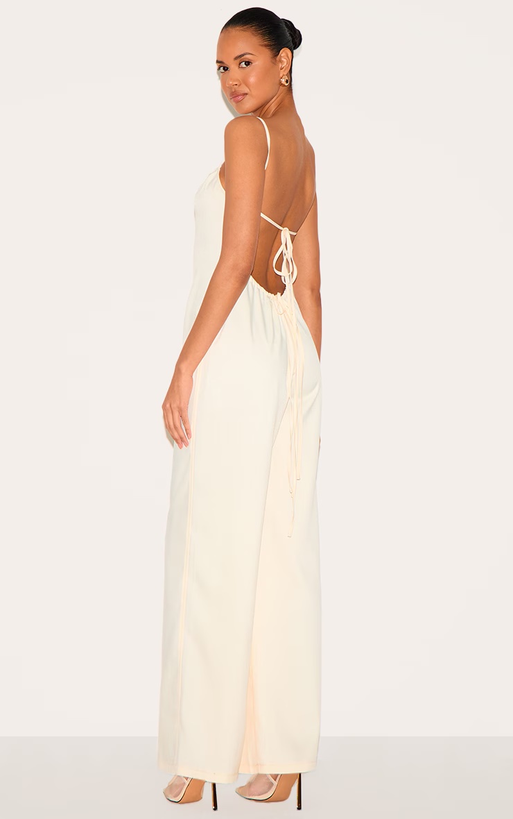 Cream Woven Backless Square Neck Wide Leg Jumpsuit 2 Cream Woven Backless Square Neck Wide Leg Jumpsuit