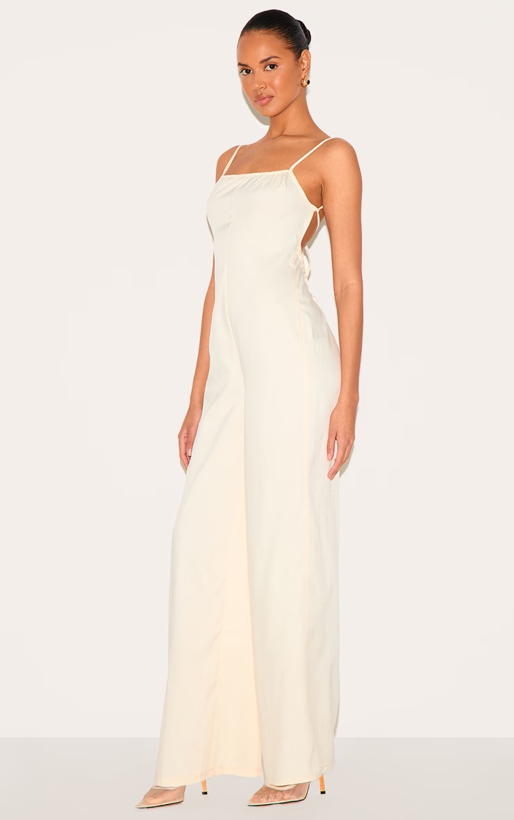 Cream Woven Backless Square Neck Wide Leg Jumpsuit 3 Cream Woven Backless Square Neck Wide Leg Jumpsuit