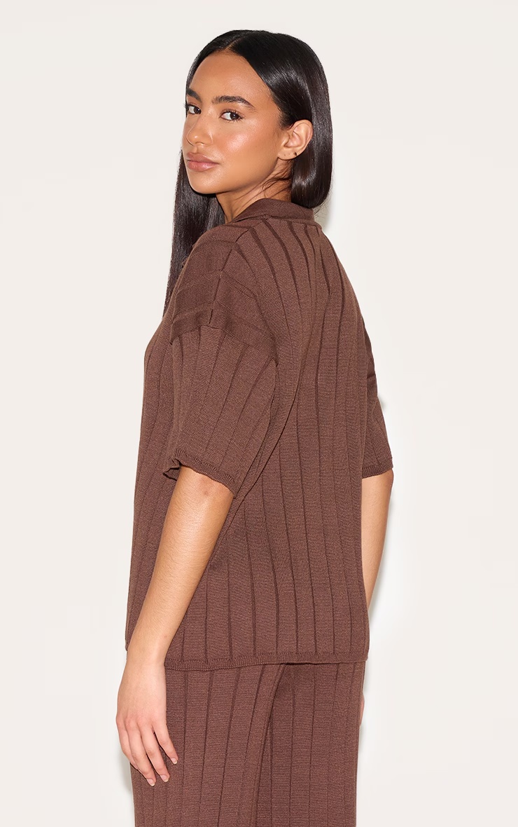 Petite Chocolate Rib Knit Oversized Polo Top 2 Petite Chocolate Rib Knit Oversized Polo Top