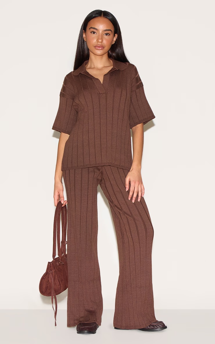 Petite Chocolate Rib Knit Oversized Polo Top 3 Petite Chocolate Rib Knit Oversized Polo Top