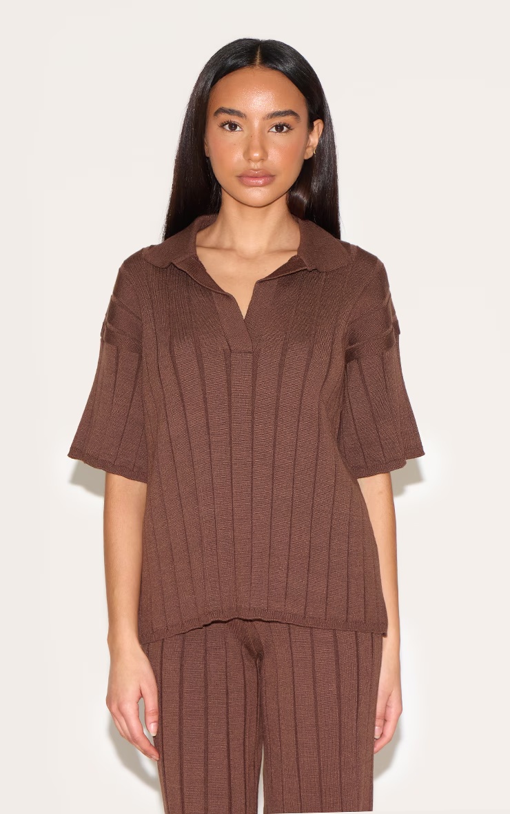 Petite Chocolate Rib Knit Oversized Polo Top 4 Petite Chocolate Rib Knit Oversized Polo Top