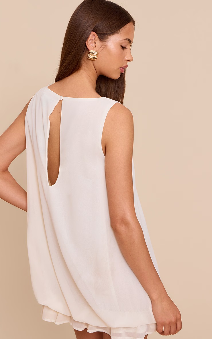 Cream Chiffon Boat Neck Frill Hem Shift Dress 2 Cream Chiffon Boat Neck Frill Hem Shift Dress