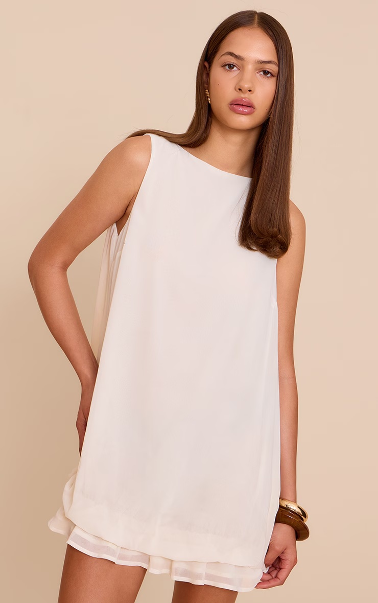 Cream Chiffon Boat Neck Frill Hem Shift Dress 4 Cream Chiffon Boat Neck Frill Hem Shift Dress