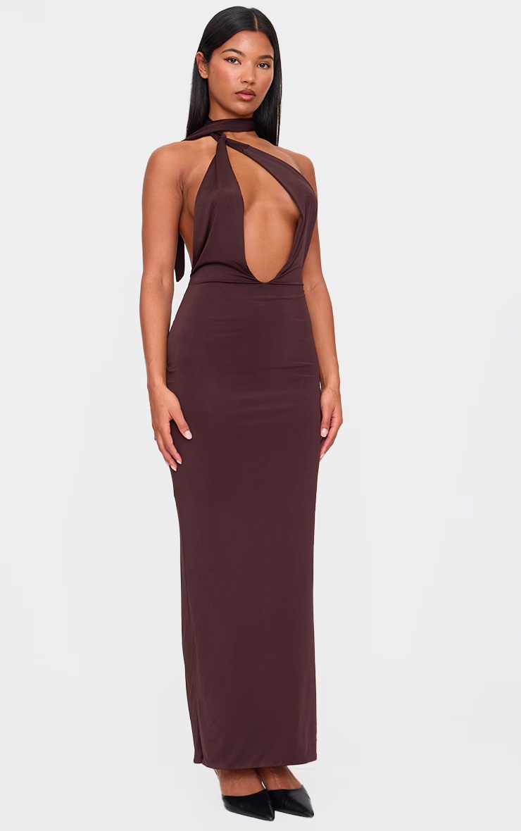 Chocolate Double Layer Slinky Wrap Neck Maxi Dress 3 Chocolate Double Layer Slinky Wrap Neck Maxi Dress
