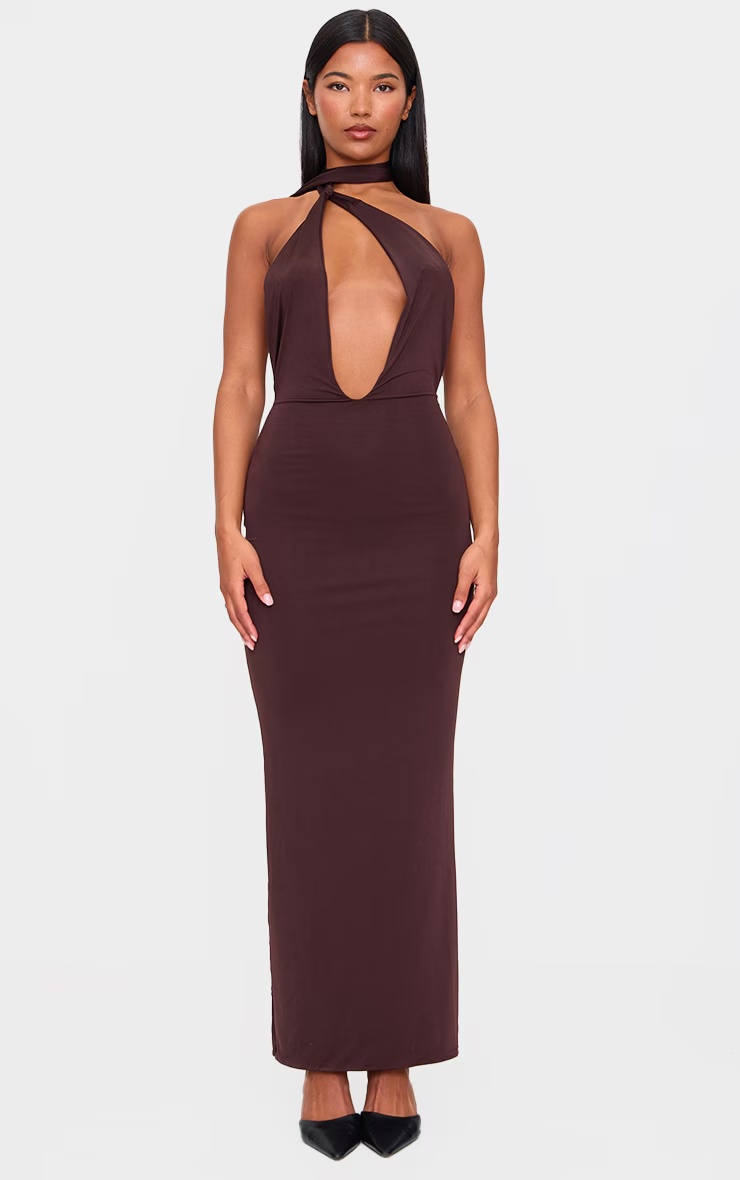 Chocolate Double Layer Slinky Wrap Neck Maxi Dress 4 Chocolate Double Layer Slinky Wrap Neck Maxi Dress