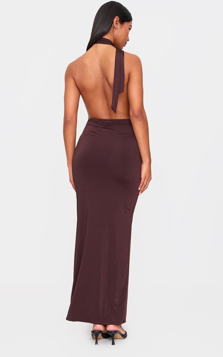 Chocolate Double Layer Slinky Wrap Neck Maxi Dress 5 Chocolate Double Layer Slinky Wrap Neck Maxi Dress