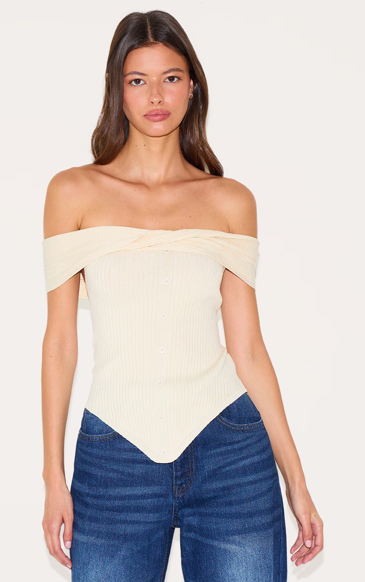 Cream Rib Knit Twist Bardot Button Through Top 1 Cream Rib Knit Twist Bardot Button Through Top