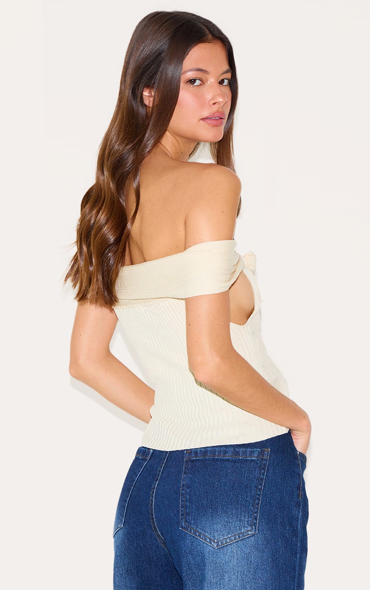 Cream Rib Knit Twist Bardot Button Through Top 5 Cream Rib Knit Twist Bardot Button Through Top