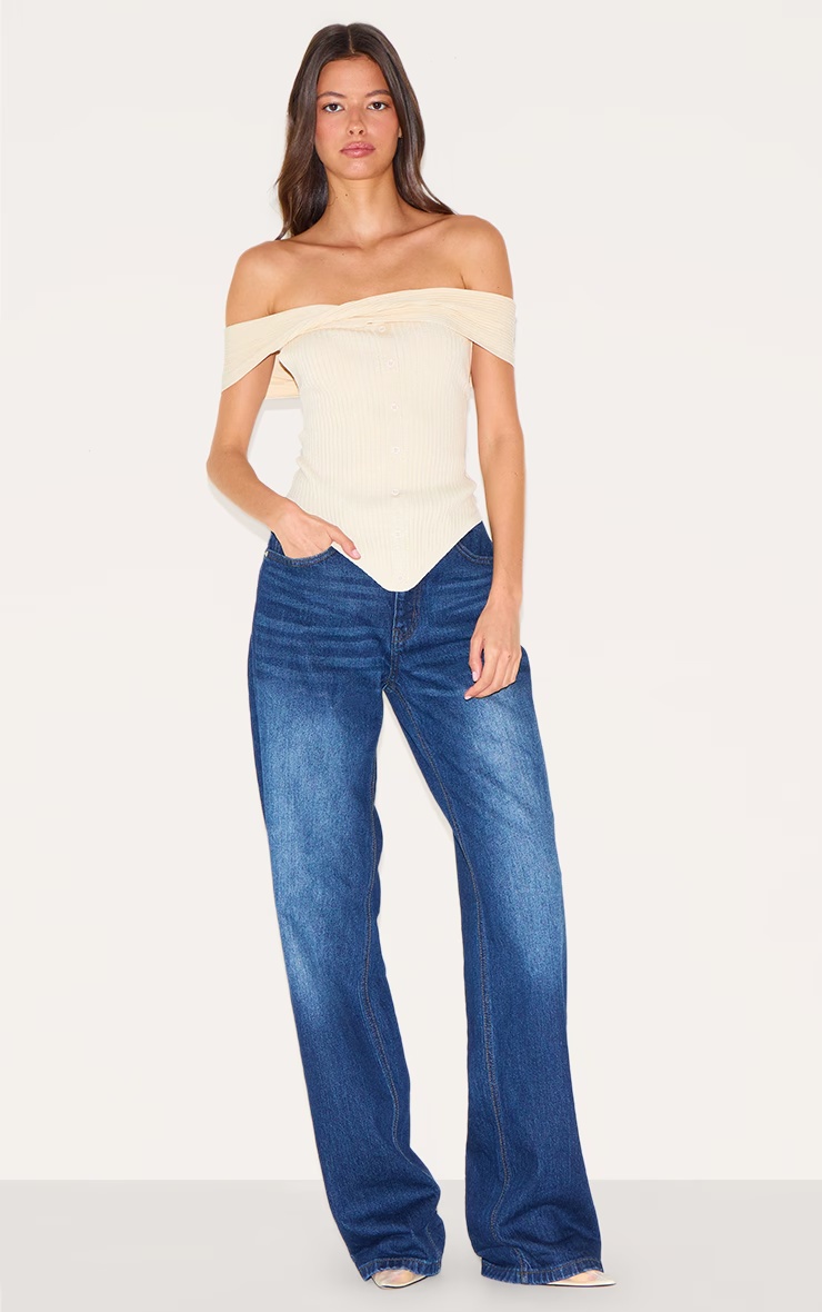 Cream Rib Knit Twist Bardot Button Through Top 6 Cream Rib Knit Twist Bardot Button Through Top