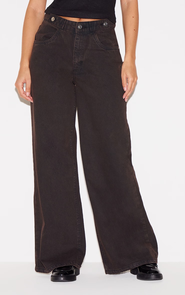 Dark Chocolate Mid Rise Button Waistband Wide Leg Jeans 1 Dark Chocolate Mid Rise Button Waistband Wide Leg Jeans