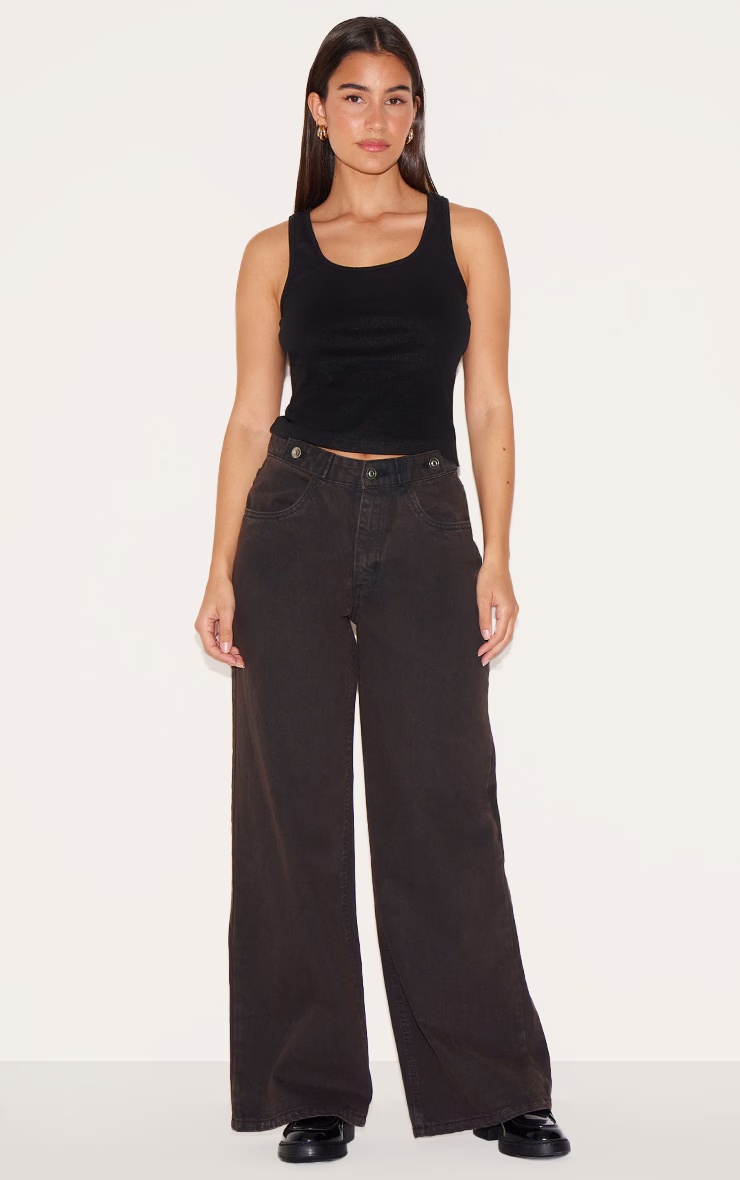 Dark Chocolate Mid Rise Button Waistband Wide Leg Jeans 2 Dark Chocolate Mid Rise Button Waistband Wide Leg Jeans