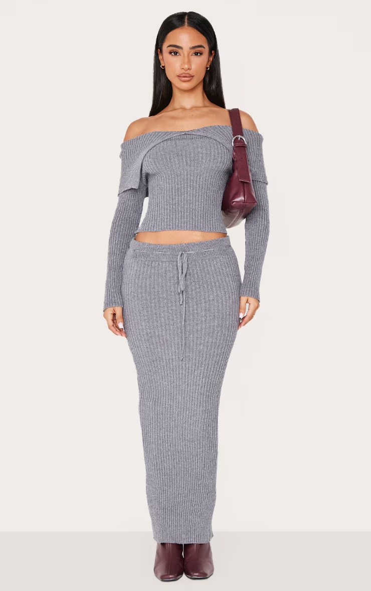 Petite Charcoal Knitted Maxi Skirt With Tie Details 4 Petite Charcoal Knitted Maxi Skirt With Tie Details