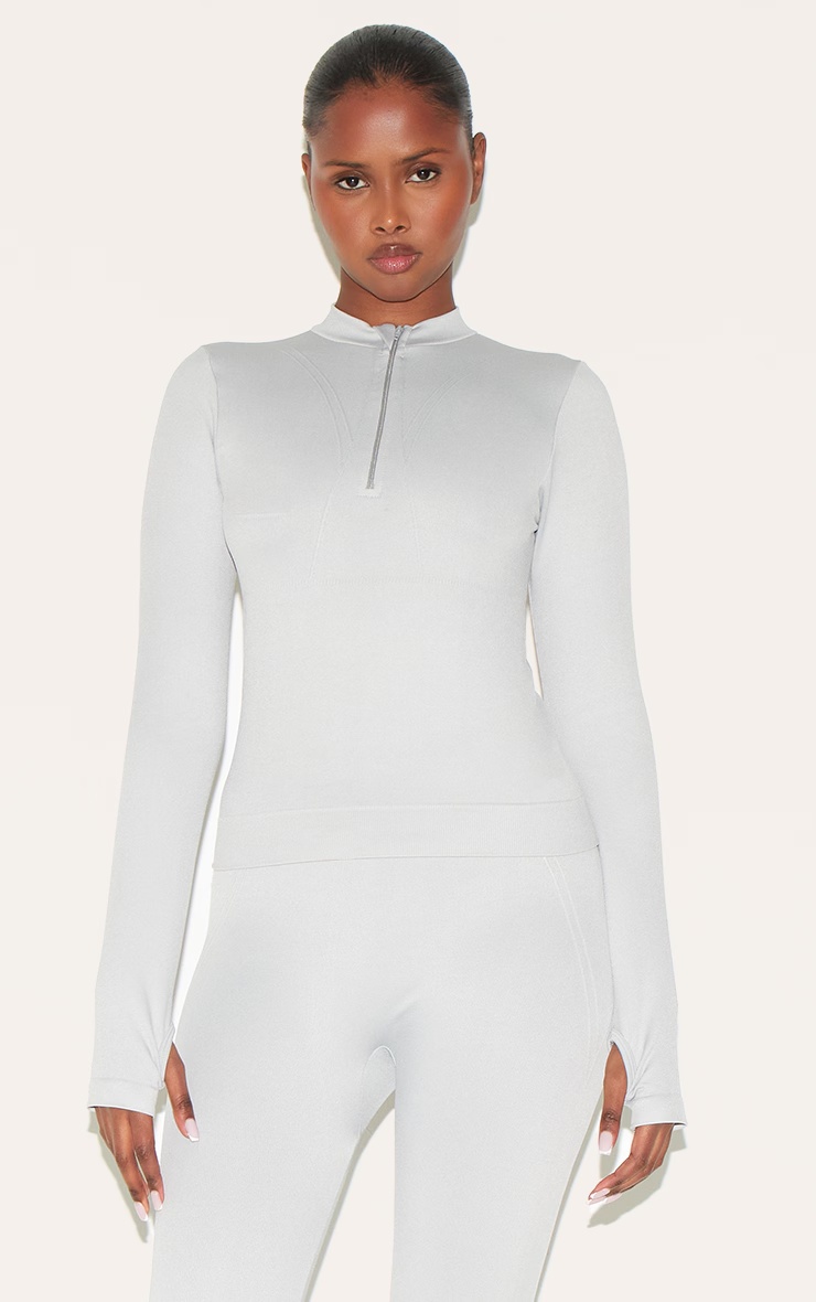 Light Grey Seamless Quarter Zip Fitted Top 1 Light Grey Seamless Quarter Zip Fitted Top