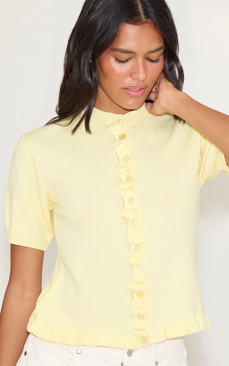 Yellow Knit Ruffle Detail Short Sleeve Cardigan 1 Yellow Knit Ruffle Detail Short Sleeve Cardigan
