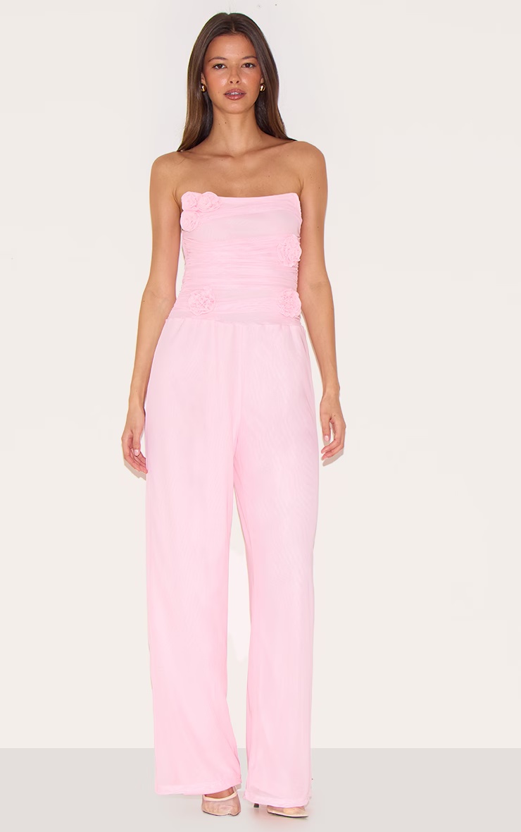 Pale Pink Mesh Overlay Bandeau Rose Applique Jumpsuit 1 Pale Pink Mesh Overlay Bandeau Rose Applique Jumpsuit
