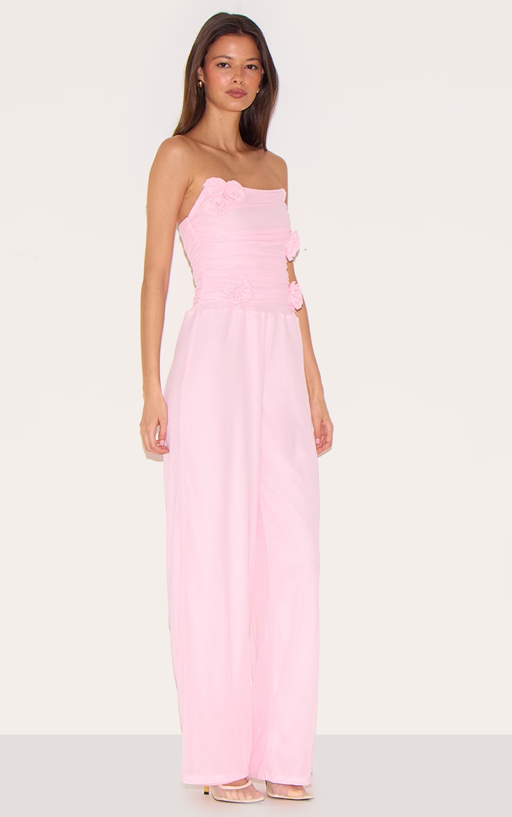 Pale Pink Mesh Overlay Bandeau Rose Applique Jumpsuit 3 Pale Pink Mesh Overlay Bandeau Rose Applique Jumpsuit