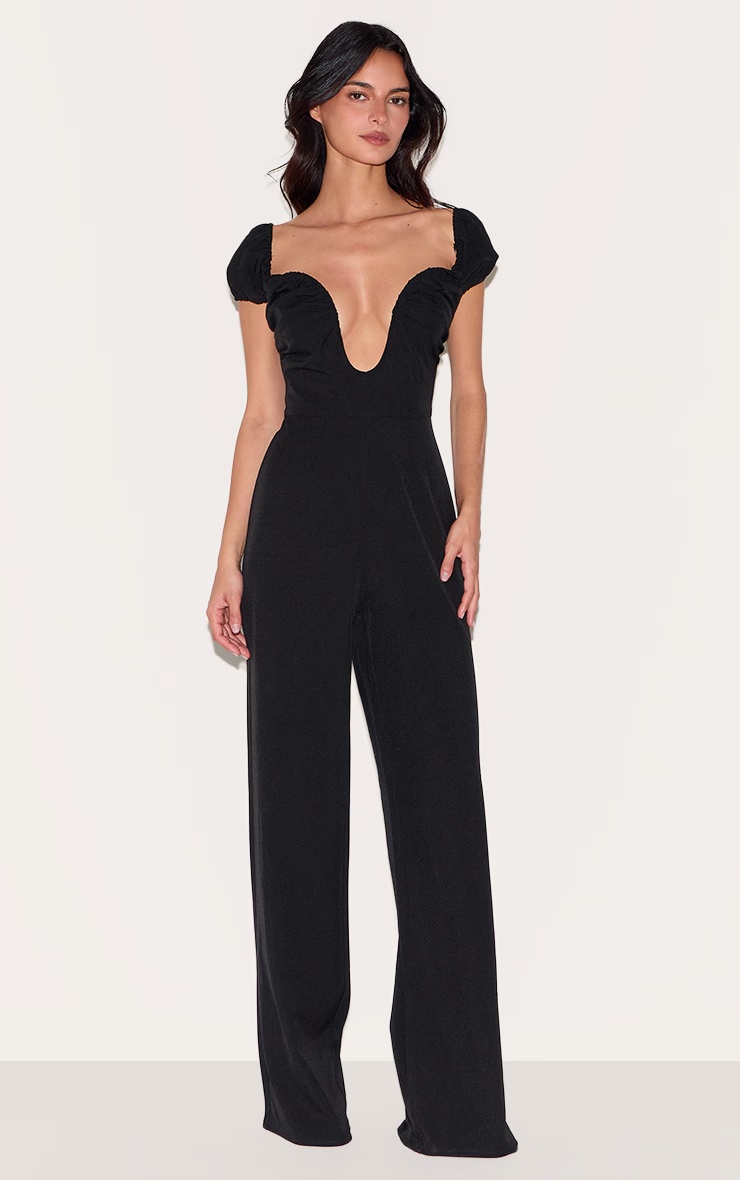Black Woven Plunge Straight Leg Jumpsuit
