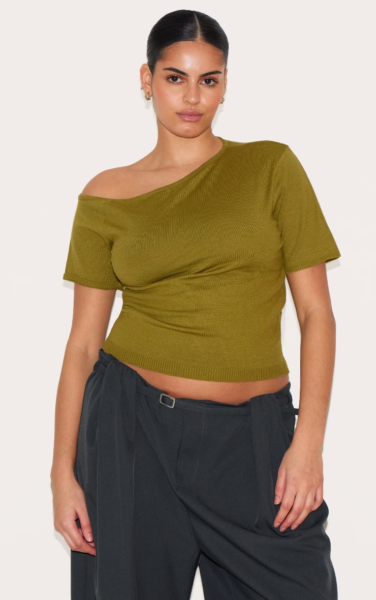 Plus Olive Basic Knit Asymmetric Neckline Top 4 Plus Olive Basic Knit Asymmetric Neckline Top