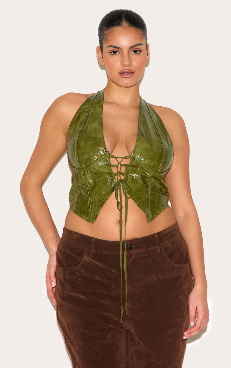 Plus Olive Washed Faux Leather Lace Up Plunge Halterneck Top 4 Plus Olive Washed Faux Leather Lace Up Plunge Halterneck Top