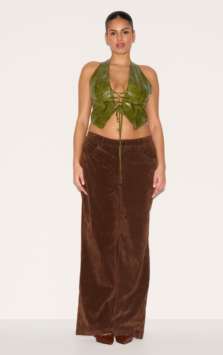 Plus Olive Washed Faux Leather Lace Up Plunge Halterneck Top 6 Plus Olive Washed Faux Leather Lace Up Plunge Halterneck Top