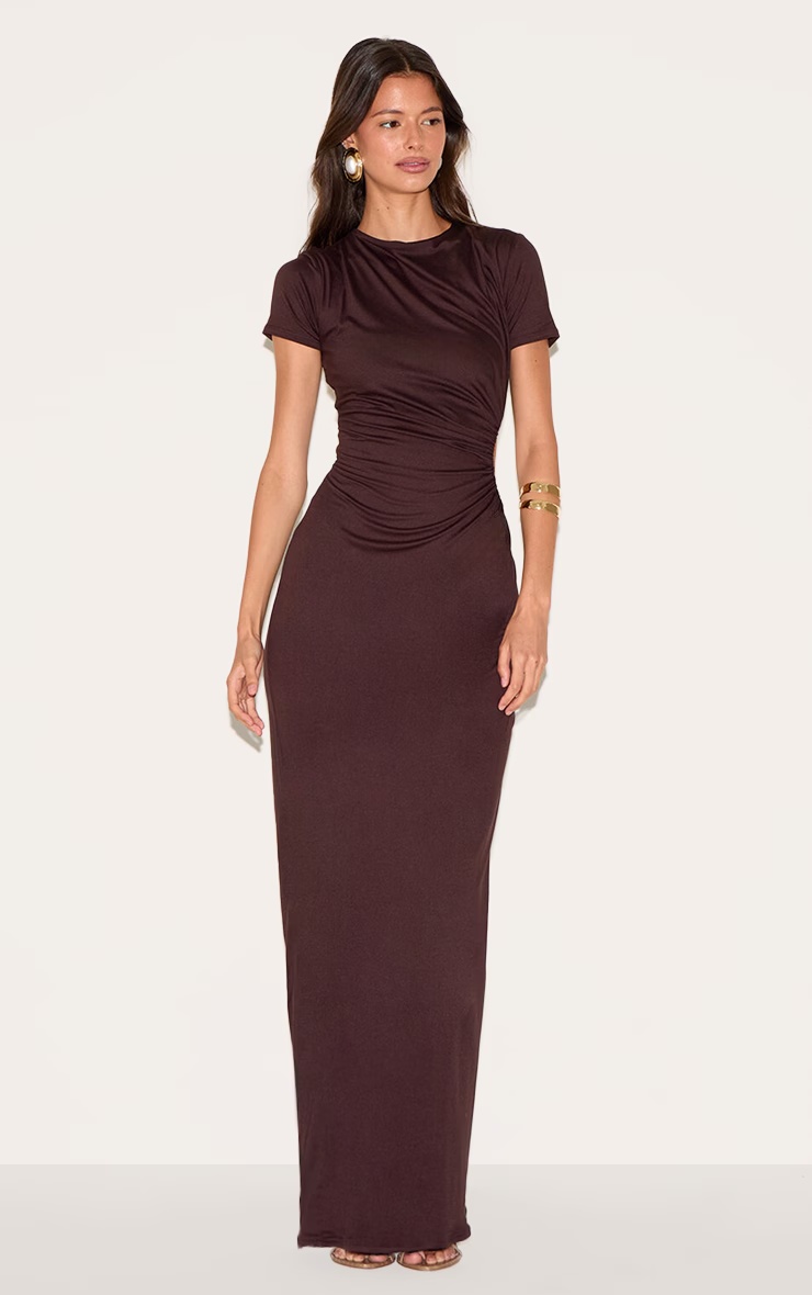 Chocolate Double Layer Soft Touch Cut Out Ruched Detail Maxi Dress 3 Chocolate Double Layer Soft Touch Cut Out Ruched Detail Maxi Dress