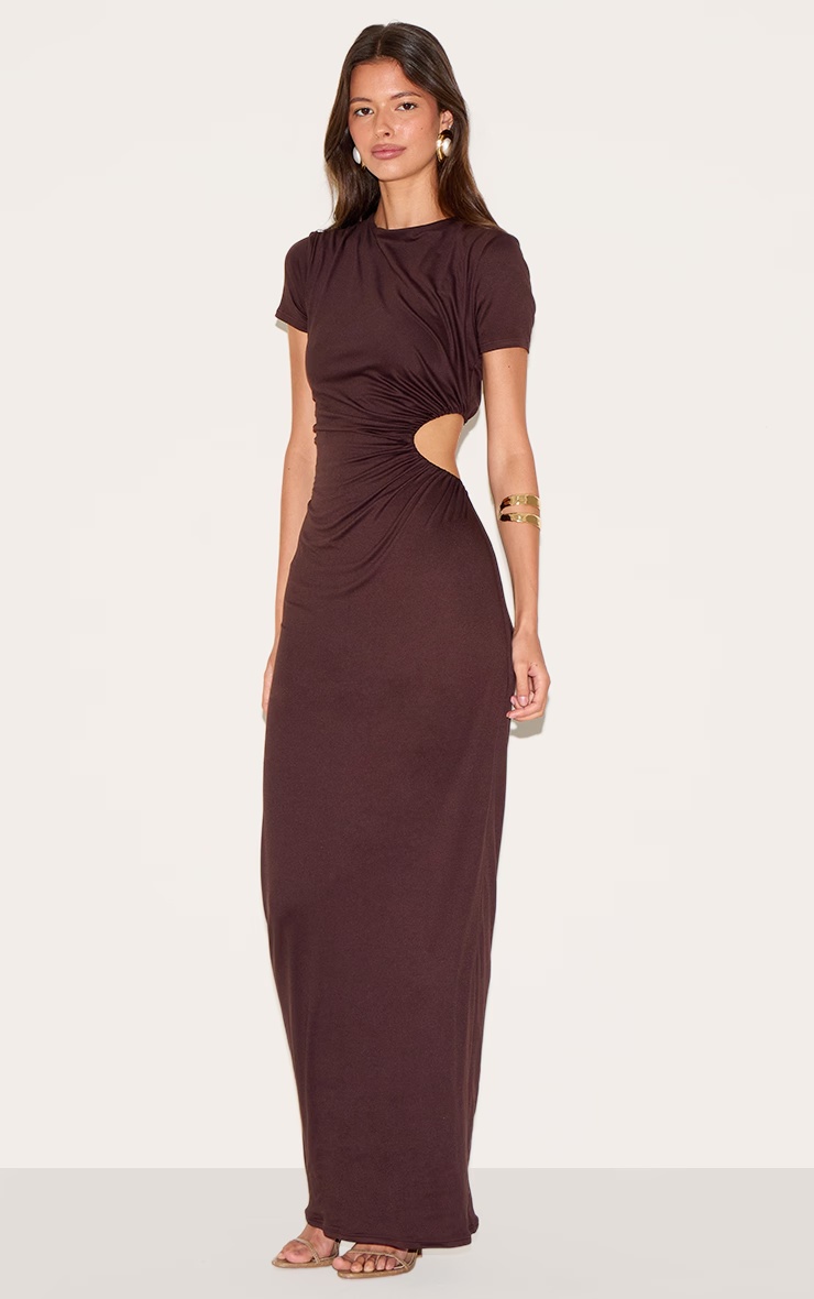 Chocolate Double Layer Soft Touch Cut Out Ruched Detail Maxi Dress 4 Chocolate Double Layer Soft Touch Cut Out Ruched Detail Maxi Dress