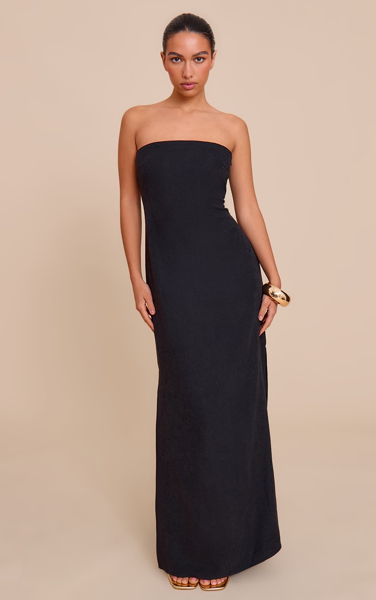 Black Textured Bandeau Column Maxi Dress 1 Black Textured Bandeau Column Maxi Dress
