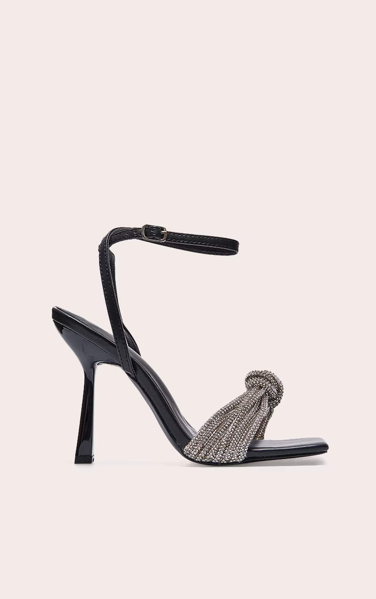 Black PU Wide Fit Square Toe Diamante Knot Barely There Heeled Sandals 4 Black PU Wide Fit Square Toe Diamante Knot Barely There Heeled Sandals