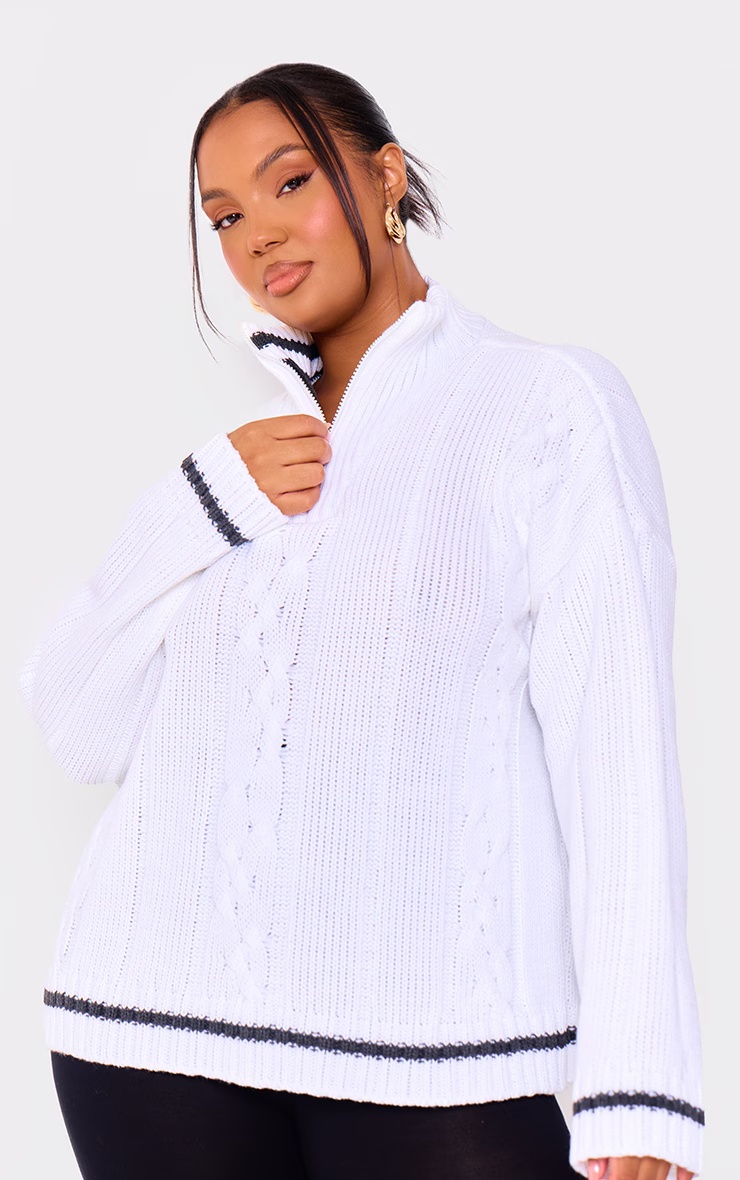 Plus White Chunky Knit Zip Detail Jumper